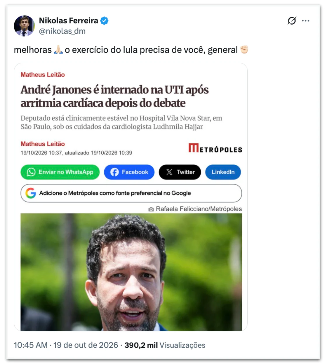 “O exercício do Lula precisa de você” — Nikolas ironiza Janones doente