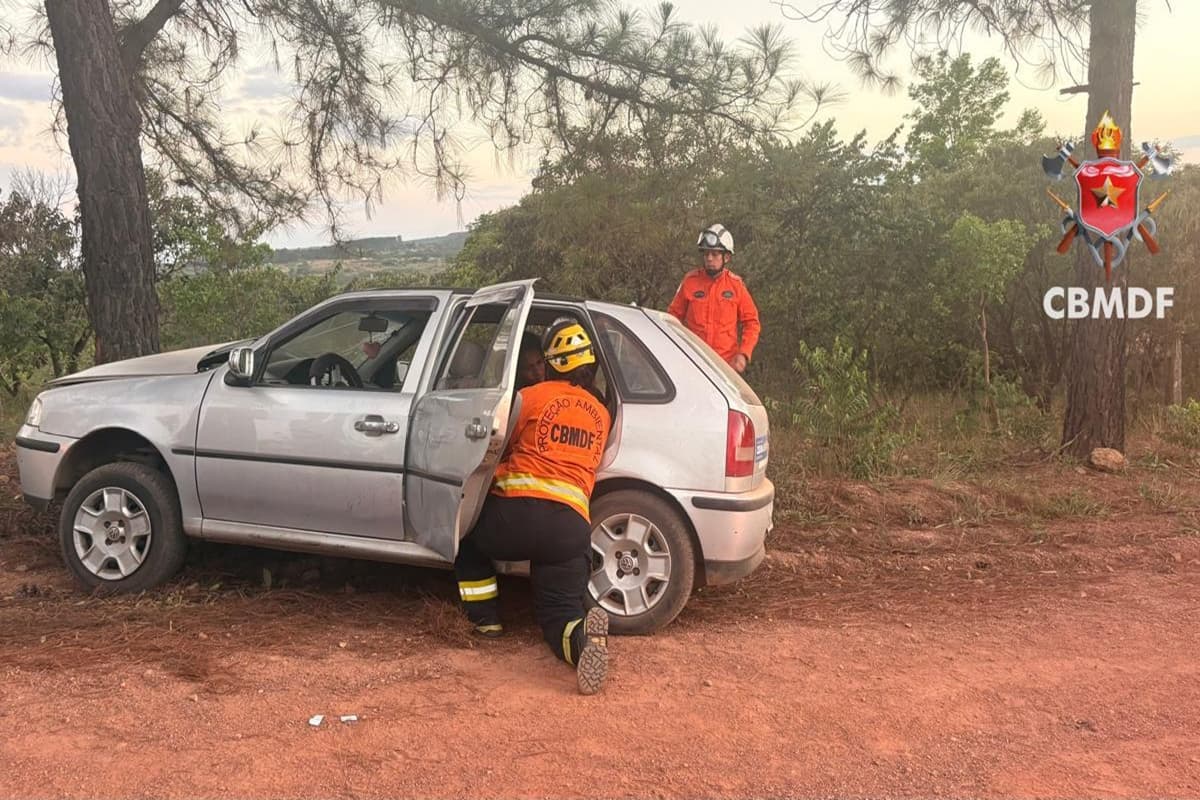 Entenda: Carro bate em árvore e deixa pessoa gravemente ferida no DF