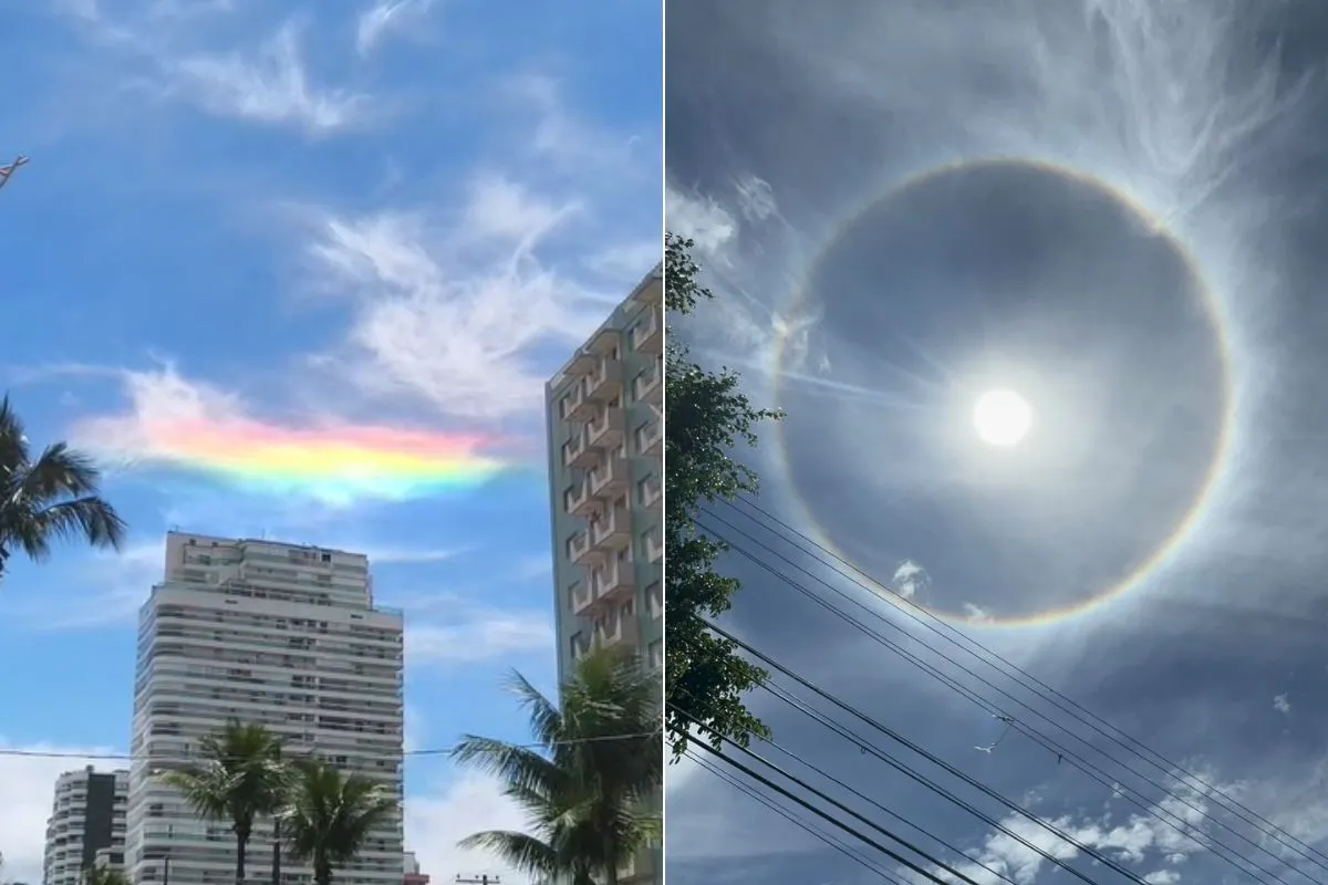 fenômenos ópticos impressionam moradores em SP — Nuvem 'arco-íris' e anel ao redor do sol