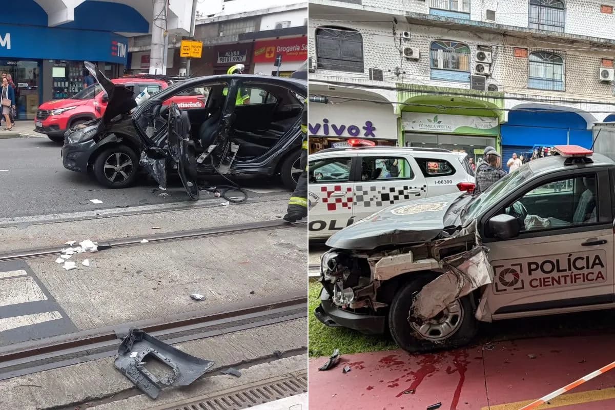Mulher fica ferida após acidente entre carro e viatura da autoridades policiais Científica em Santos; VÍDEO