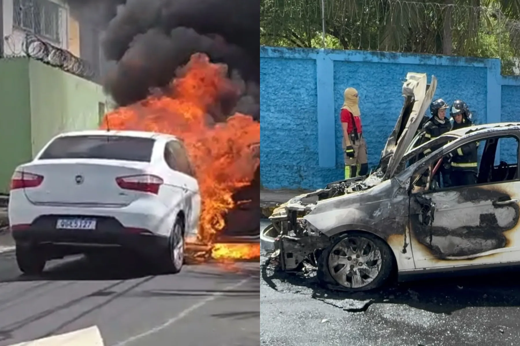 Carro fica com frente destruída após pegar fogo em Natal — VÍDEO