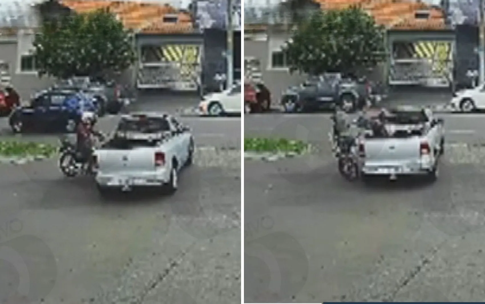 Motociclista é levado por carroceria de pick-up após bater em carro que cruzou avenida — VÍDEO