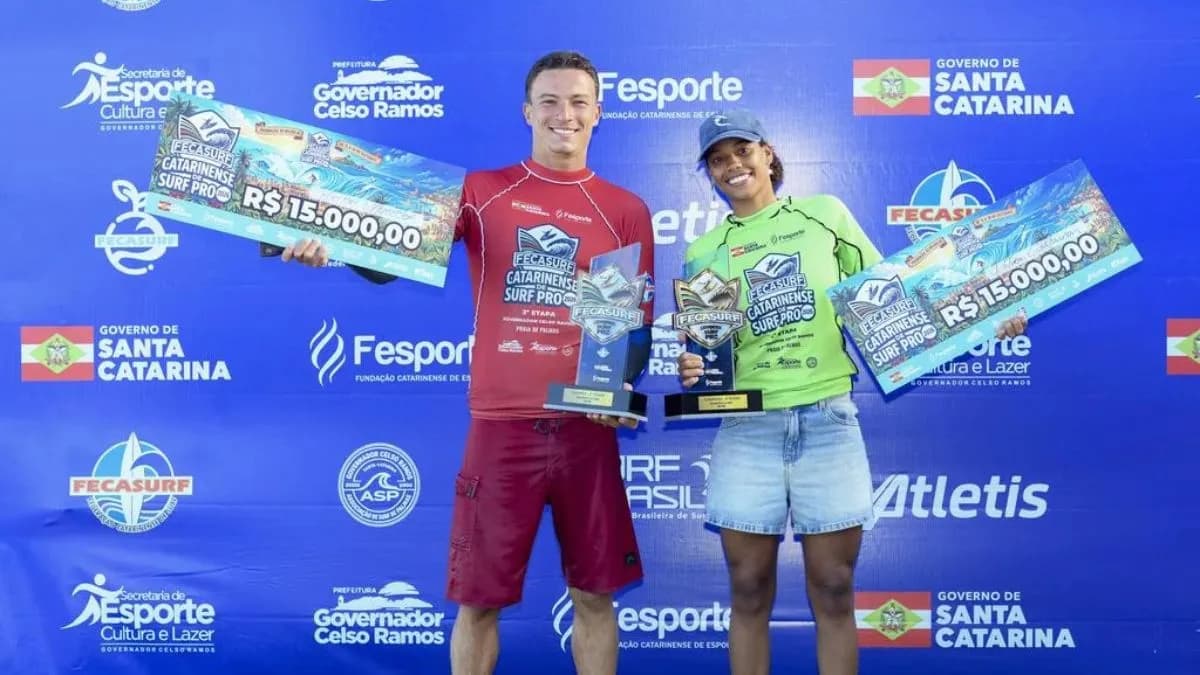 Região: Heitor Mueller e Potira Castaman vencem a 2ª etapa do Circuito Catarinense de Surf Pro 2026