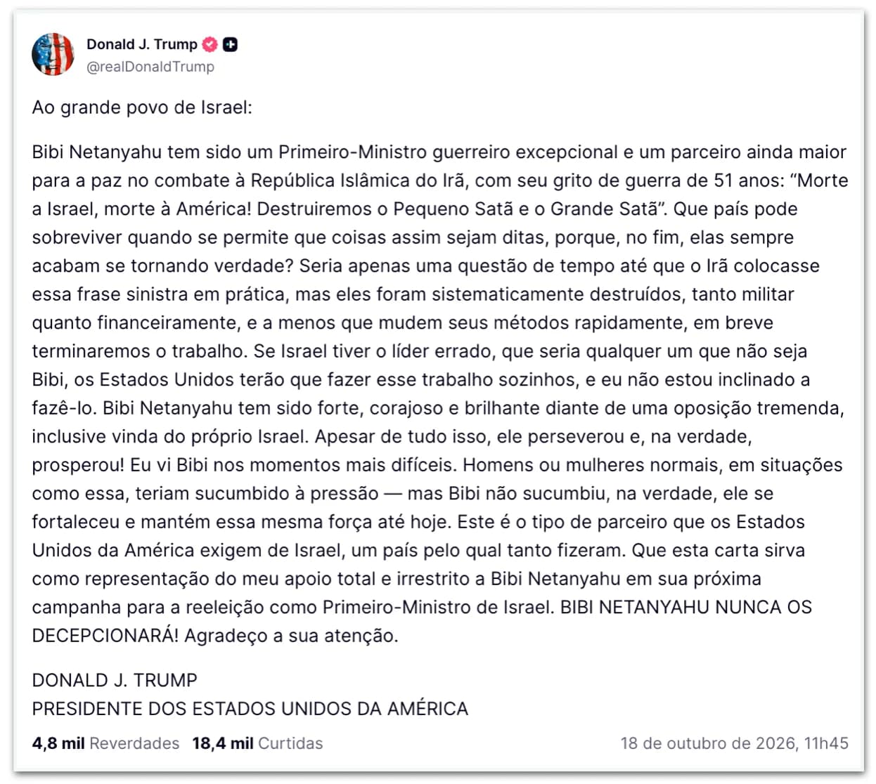 Atualização: Trump declara apoio a Netanyahu nas eleições de Israel