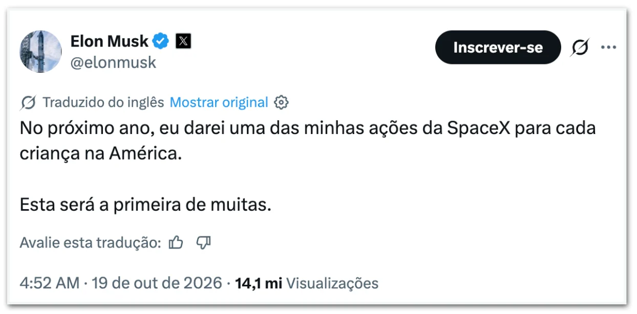 Atualização: Musk diz que doará ações da SpaceX para crianças nos EUA